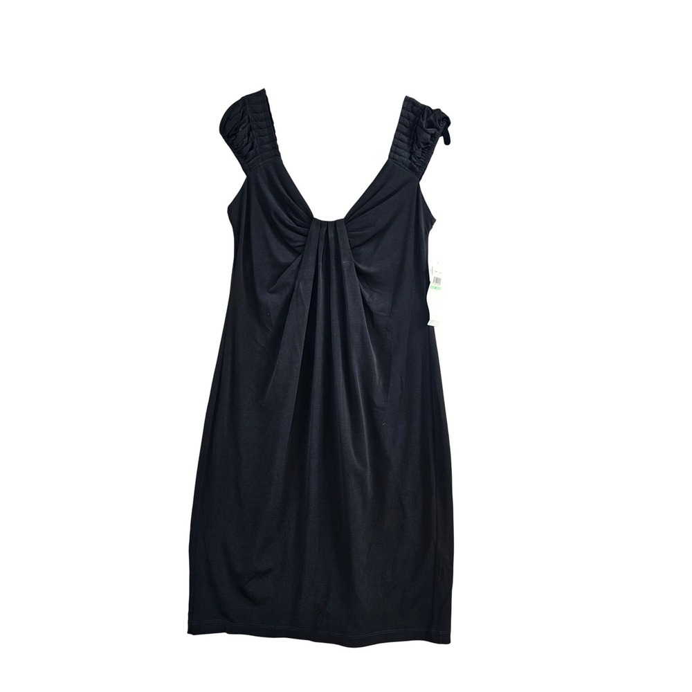 London Times Sheath Dress Womens 8 Black Solid Ruched V-Neck Little Black LBD